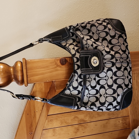 Coach Handbags - COACH Signature Jacquart/Leather Hampton Hobo Bag Black/Light Gray